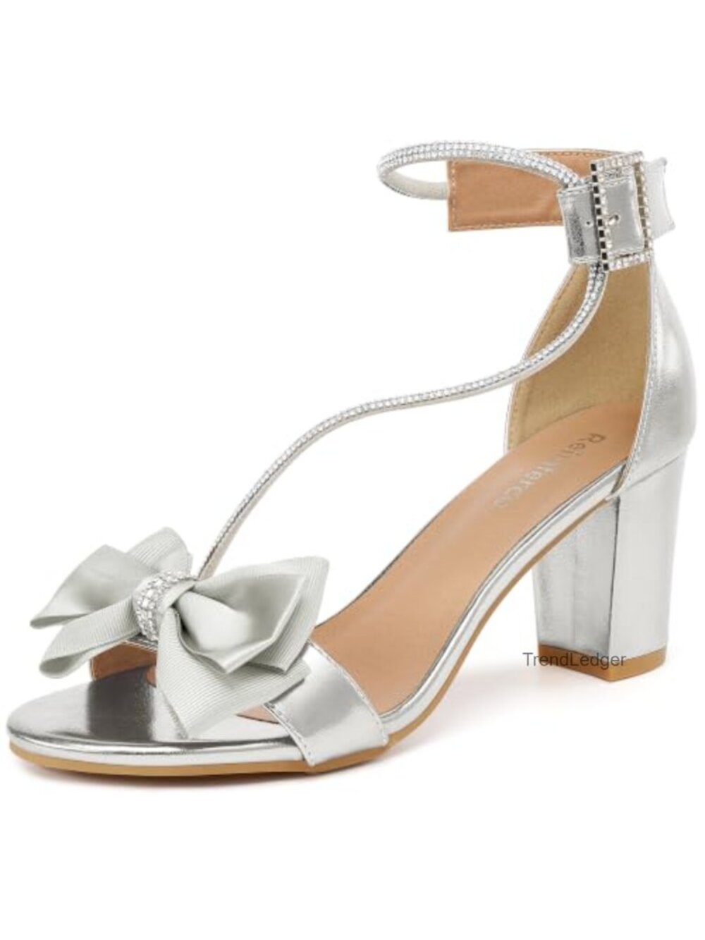 Rhinestone Bow Block Heels Hook & Loop Heeled Sandals Faux Leather